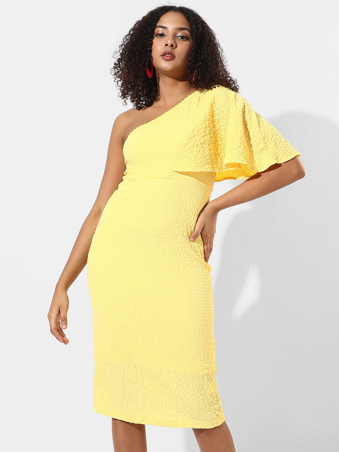 Solid One-Shoulder Dress With Ruffle Detail