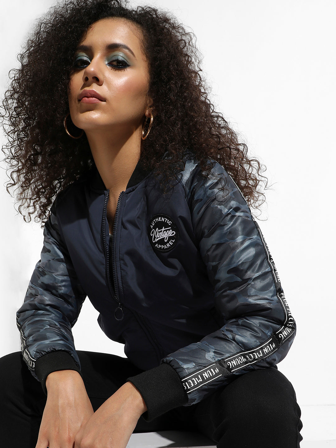 Zip-Front Bomber Jacket With Camouflage Sleeves
