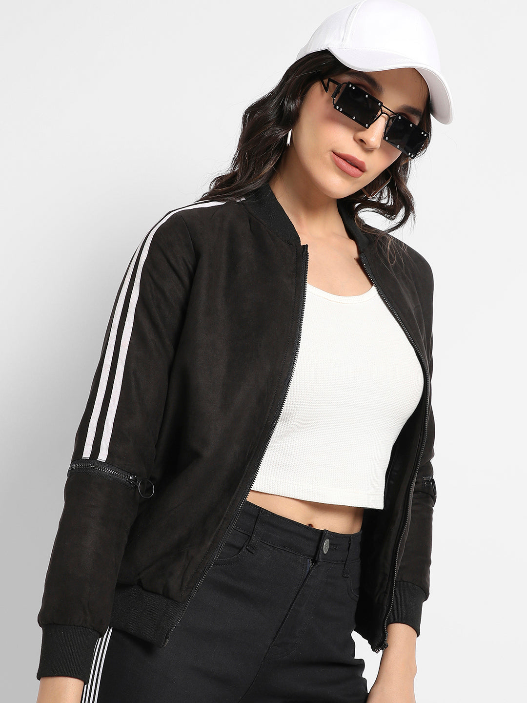 Zip-Front Bomber Jacket With Contrast Striped Sleeves