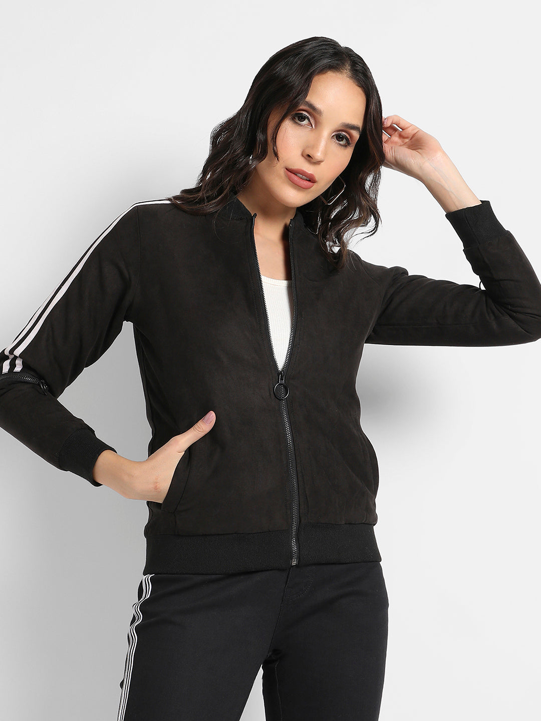Zip-Front Bomber Jacket With Contrast Striped Sleeves