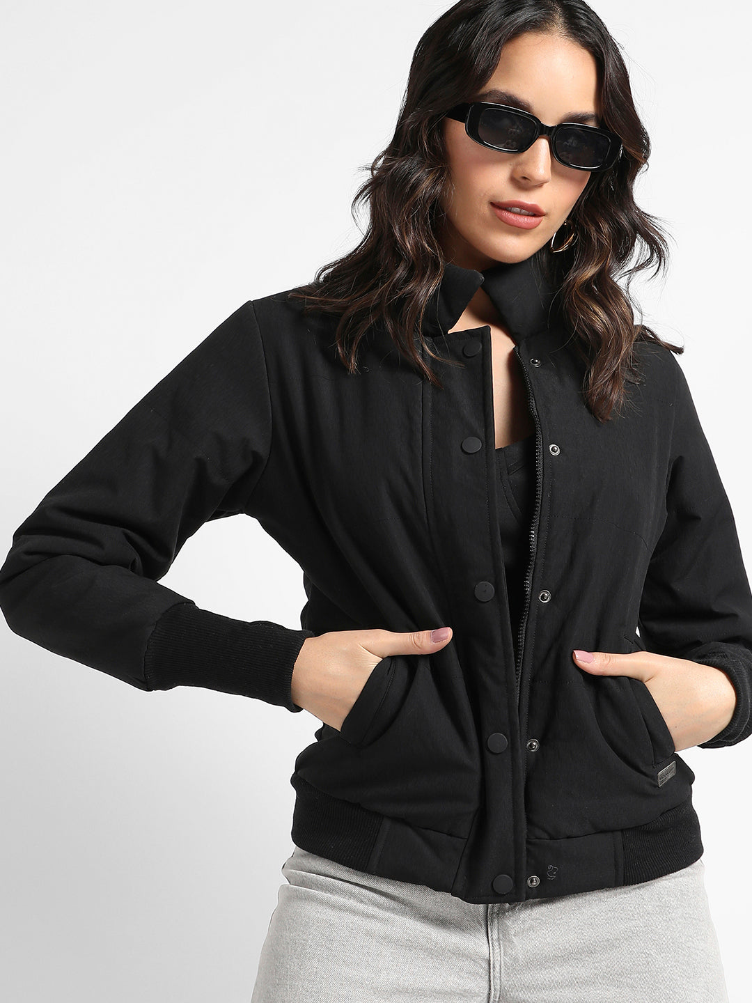 Solid Puffer Jacket With Angled Open Pockets