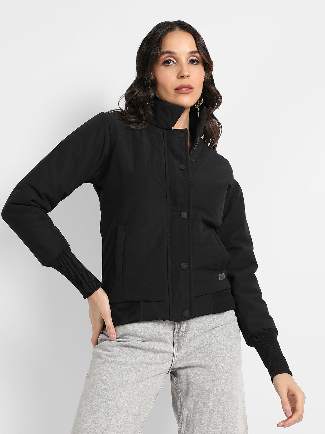 Solid Puffer Jacket With Angled Open Pockets