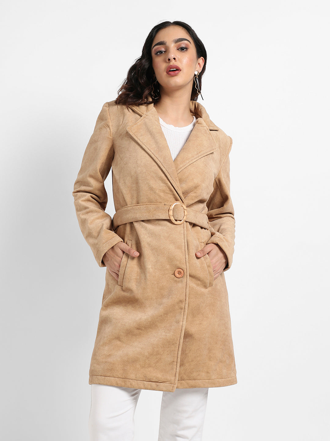 Single-Breasted Long Coat With Belted Waist