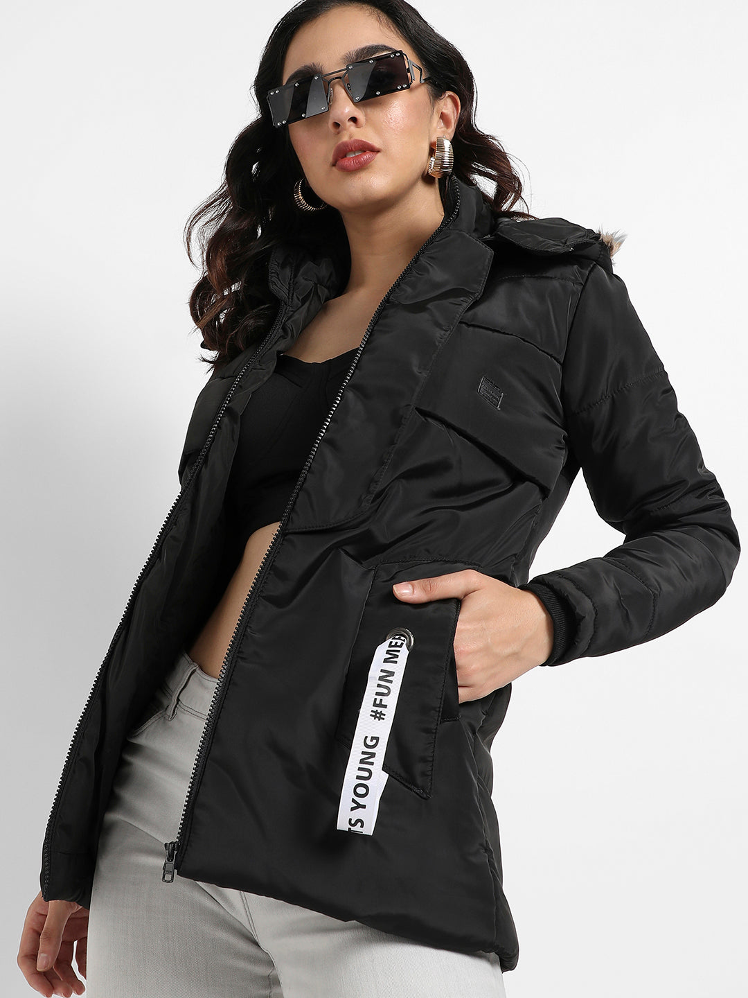 Zip-Front Puffer Jacket With Fur Detail