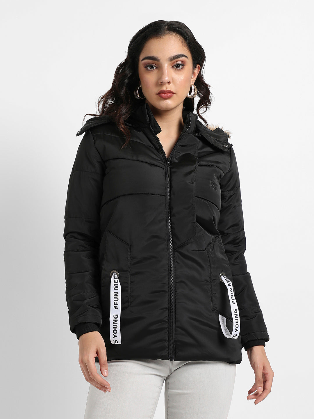 Zip-Front Puffer Jacket With Fur Detail