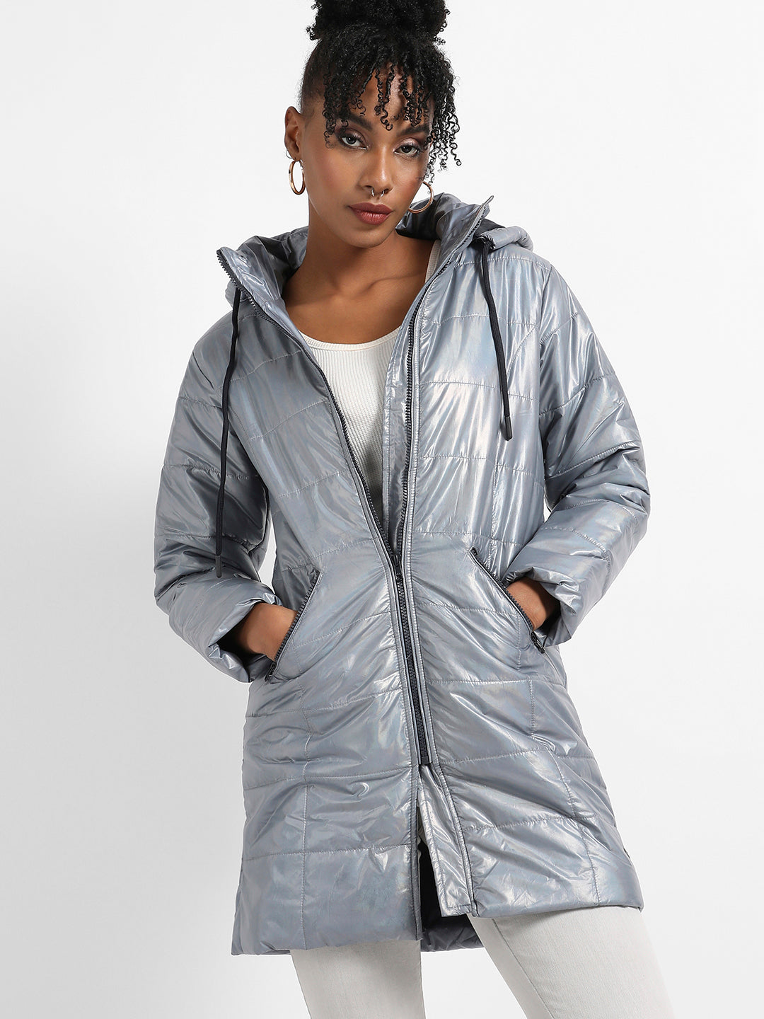 Metallic Quilted Puffer Jacket With Zip Closure
