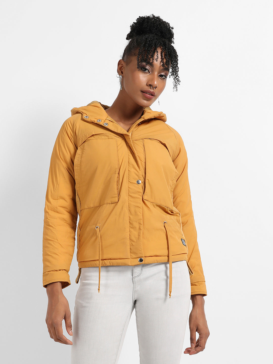 Solid Puffer Jacket With Tie-Up Details
