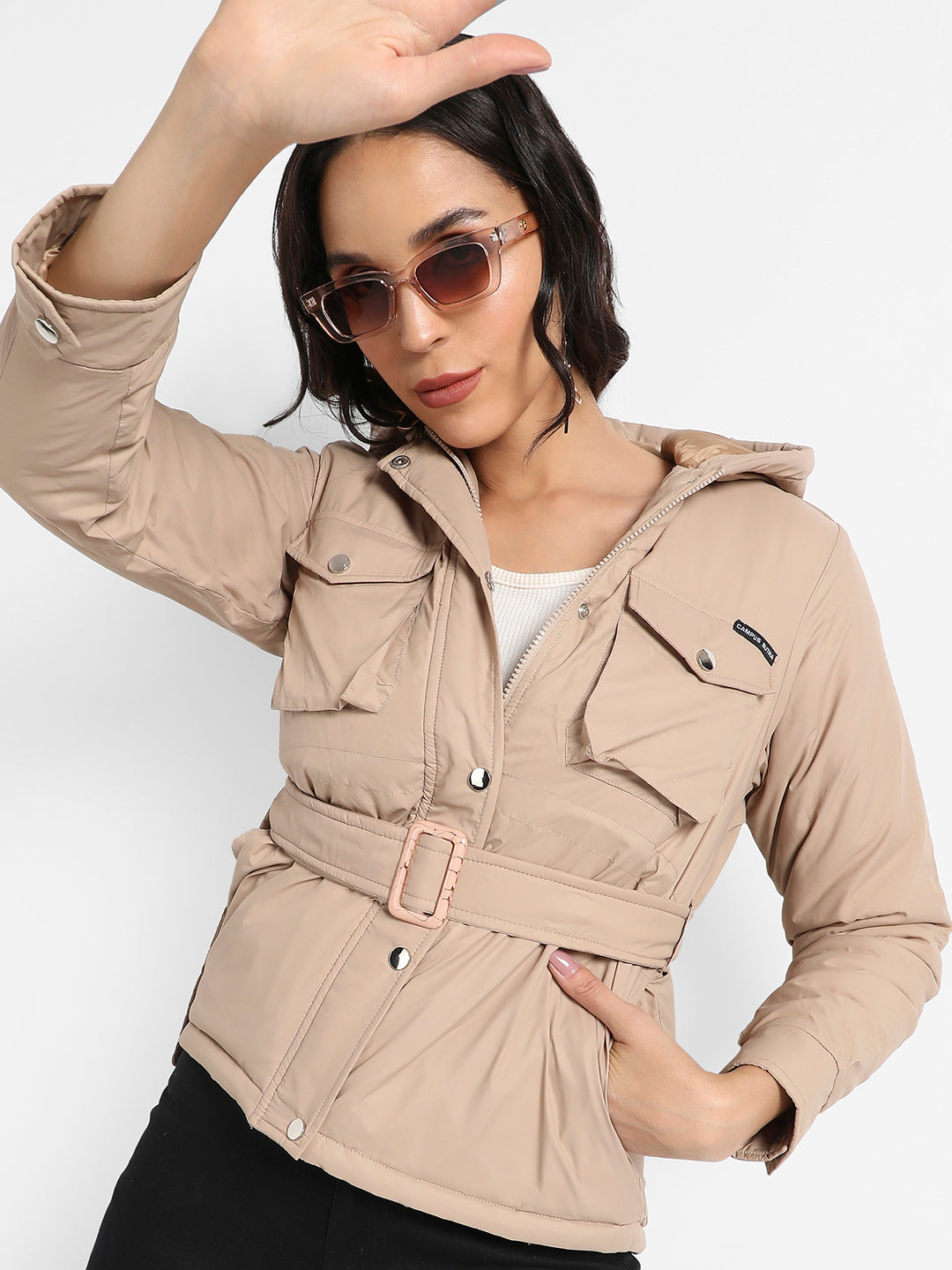 Belted Bomber Jacket With Flap Pockets