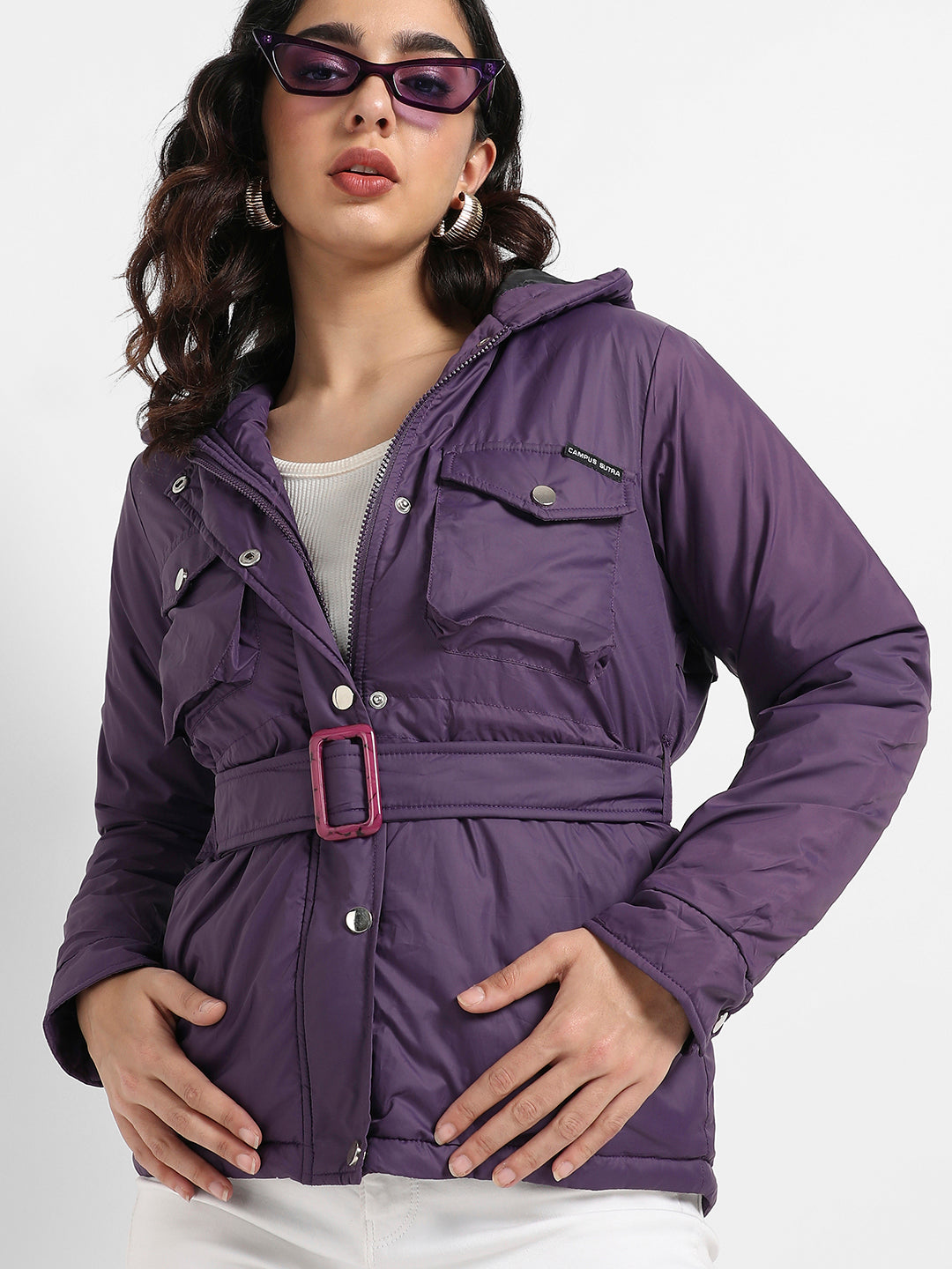 Belted Puffer Jacket With Flap Pockets