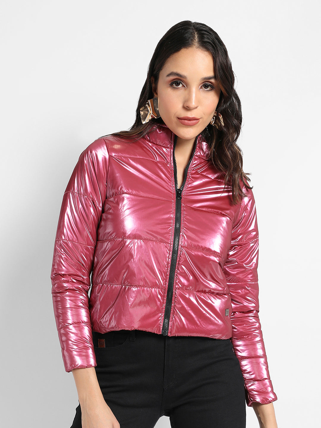 Solid High-Neck Quilted Bomber Jacket