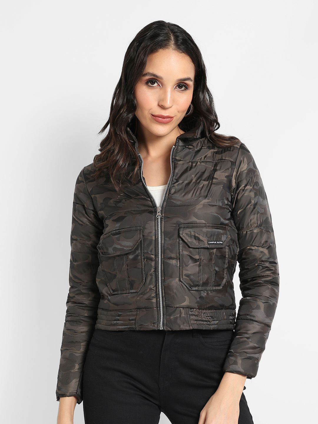Camouflage Bomber Jacket With Flap Pockets