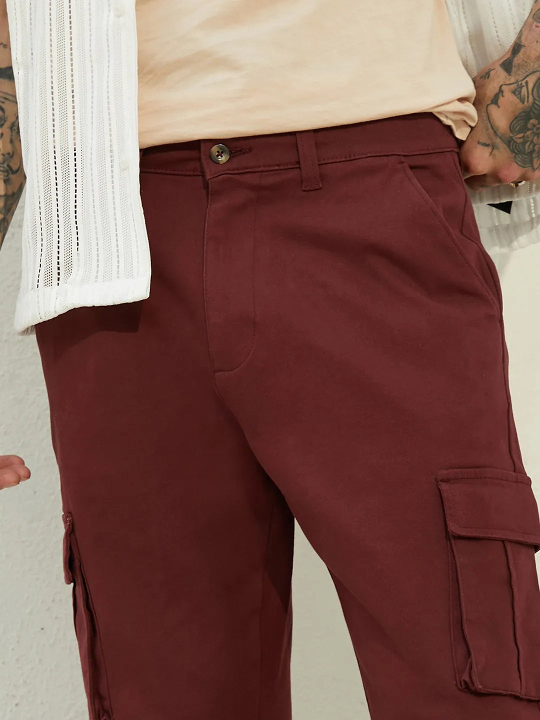 Maroon Cuffed Hem Cargo Trousers