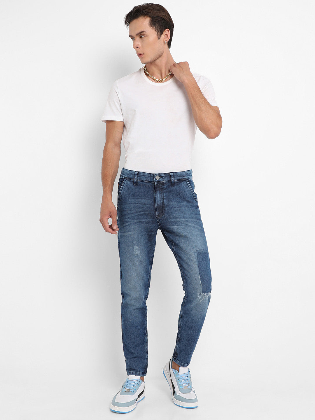 Distressed Patterned Denim Jeans