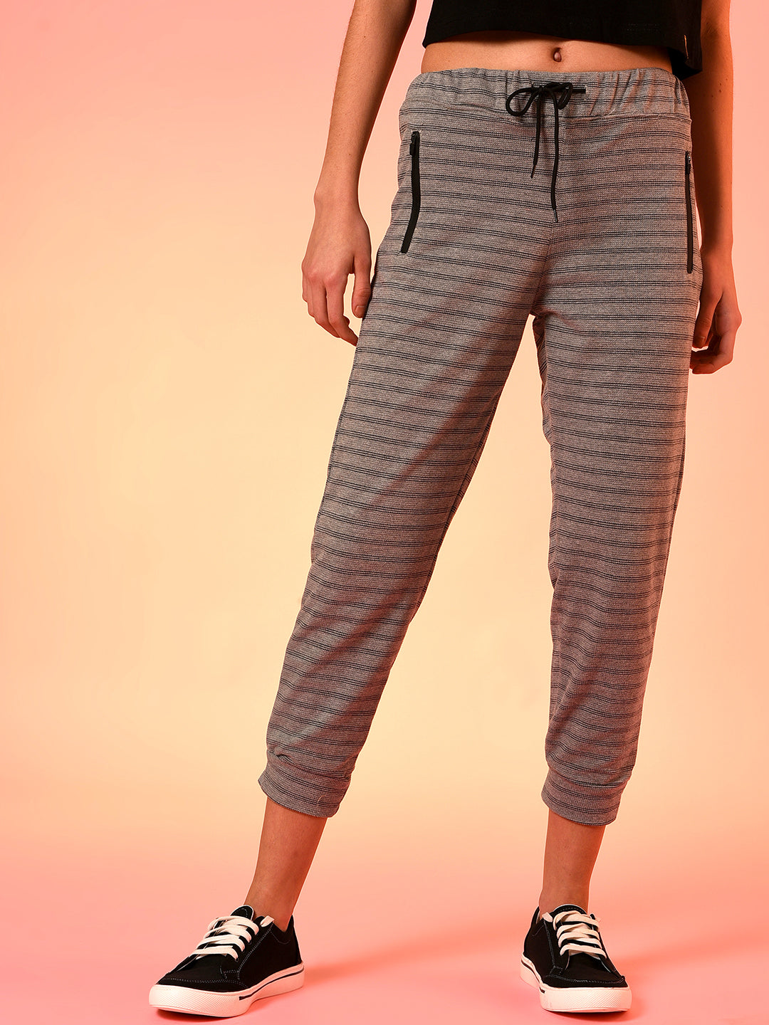 Grey Striped Cotton Active Joggers
