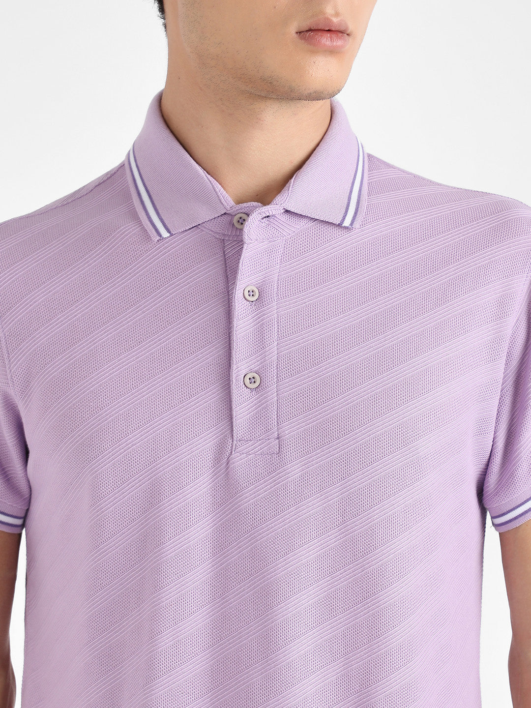 Men's Lavender Self-Design Regimental Striped T-Shirt