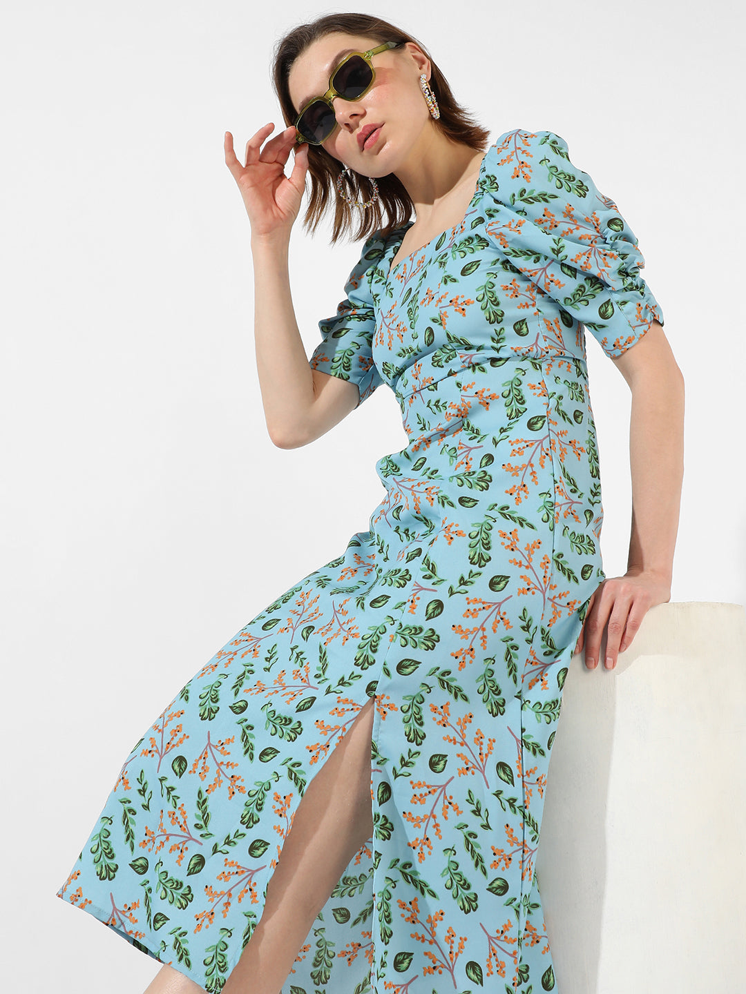 Botanical Print Dress With Slit