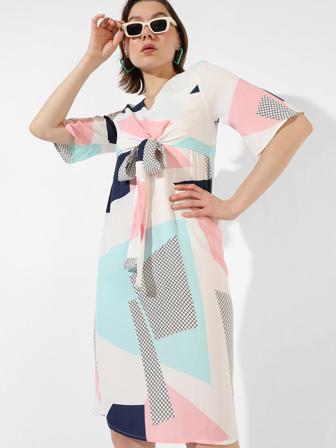 Abstract Print Dress With Tie-Up Waist