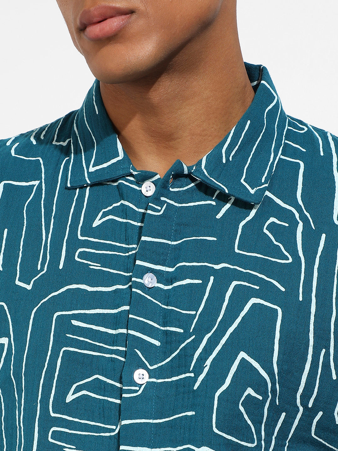 Men's Teal Blue Abstract Lines Print Shirt