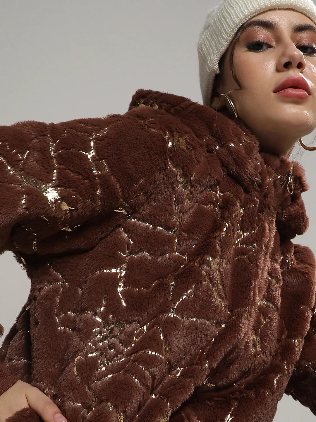 Women Chocolate Brown Metallic Veined Faux Fur Jacket