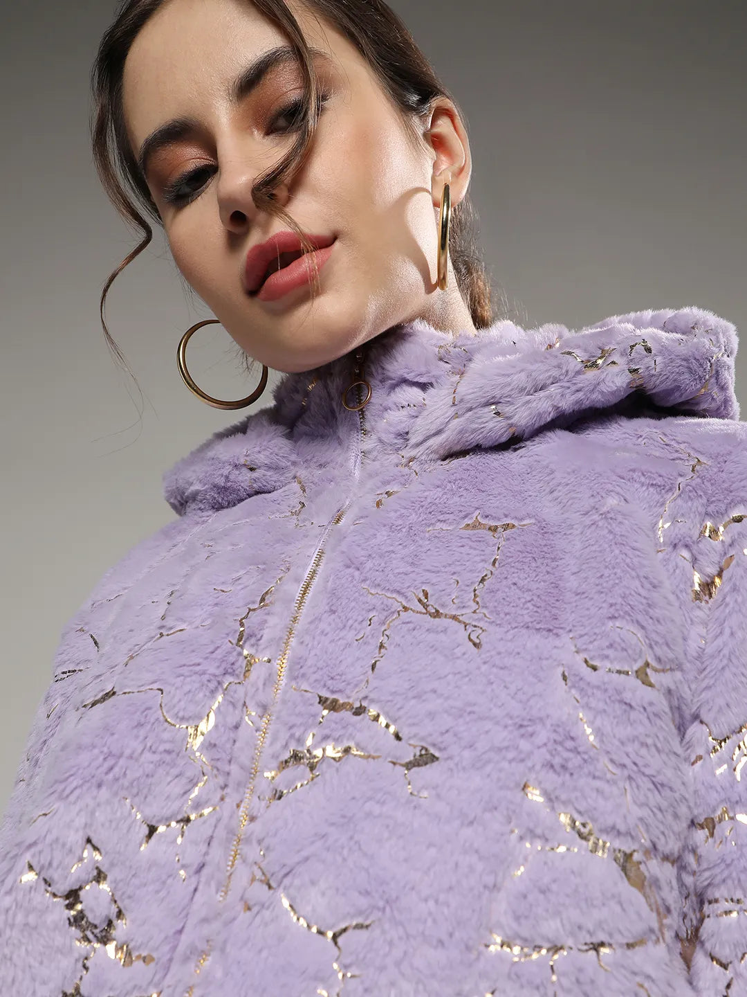 Women Lilac Metallic Veined Faux Fur Jacket