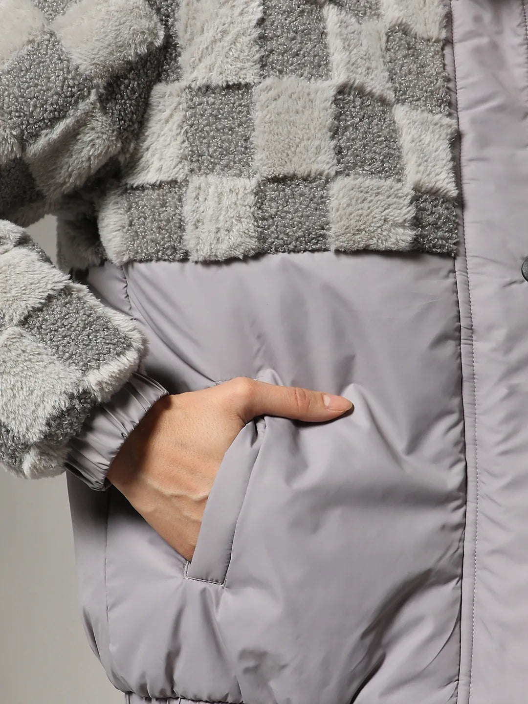Women Moon Grey Fleece Self-Design Buffalo Check Jacket