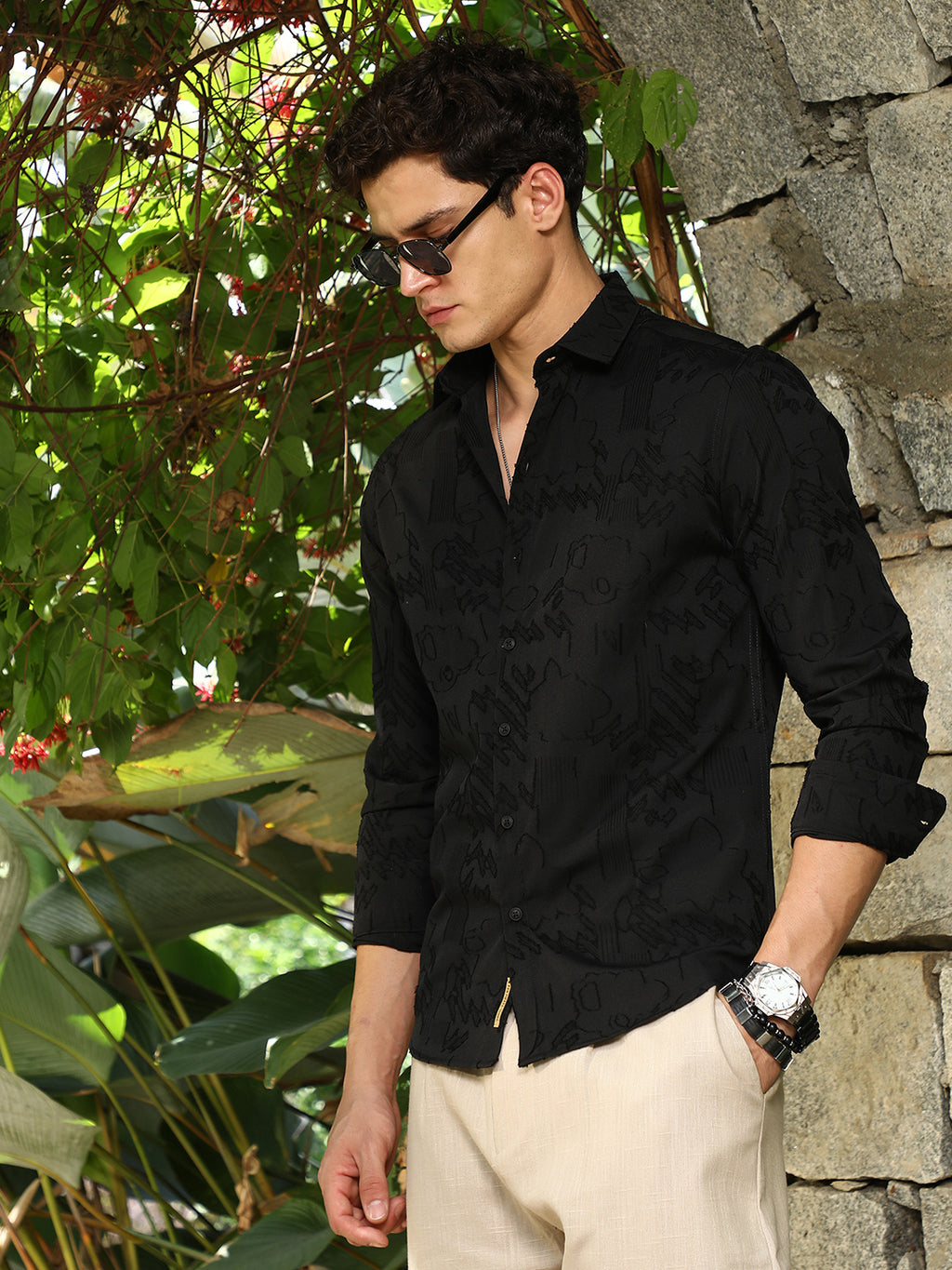Black Self-Design Cotton Blend Slim Fit Shirt