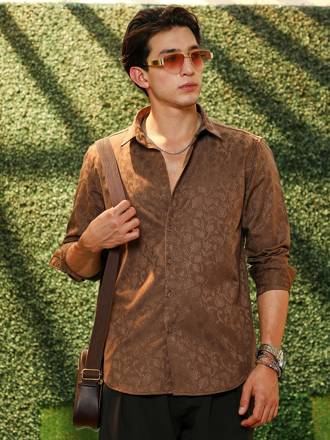 Slim Fit Brown Floral Jacquard Shirt