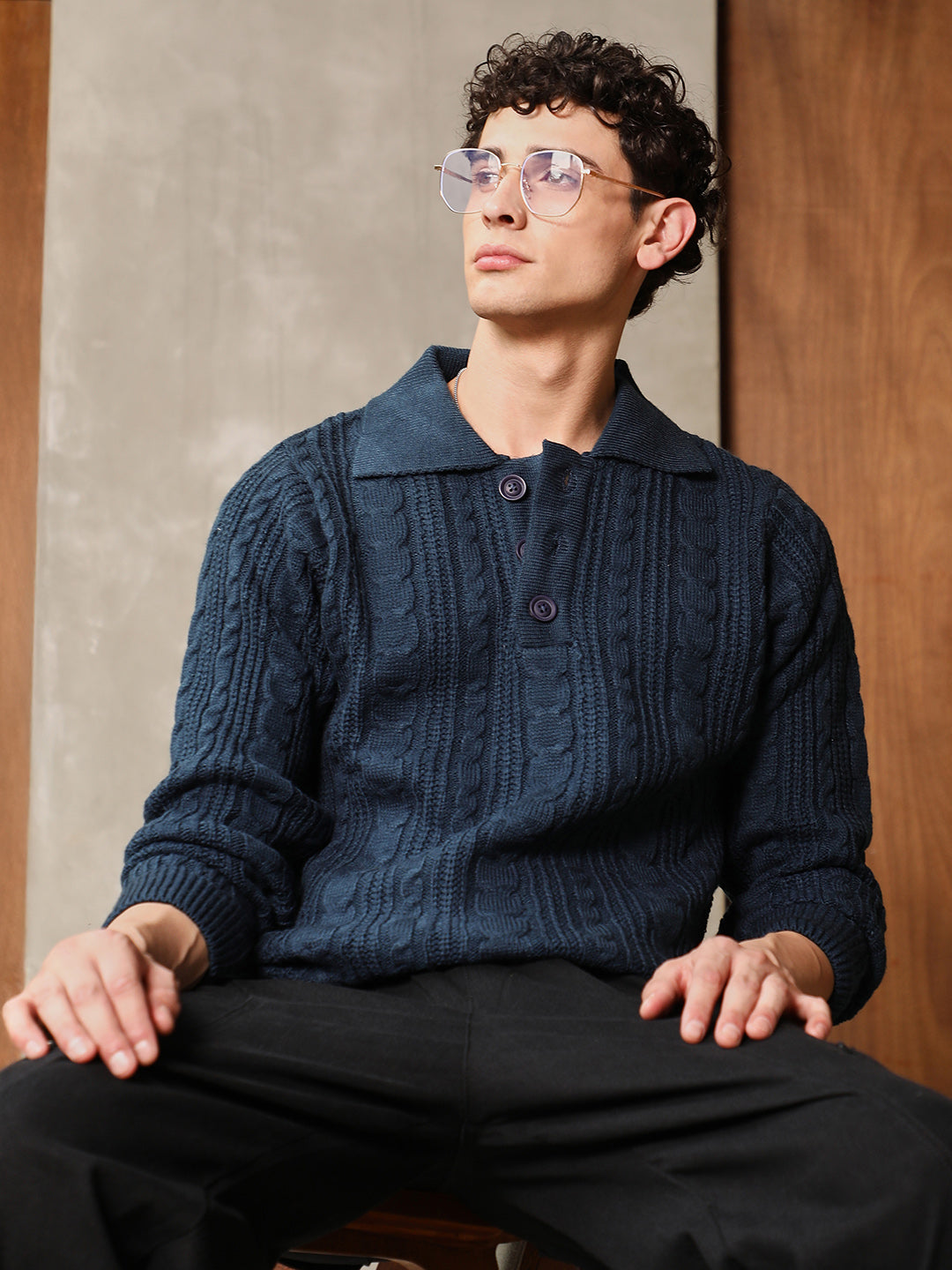 Braid-Knit Collared Sweater