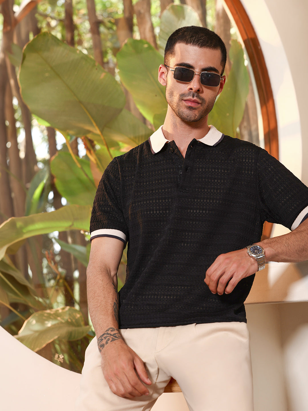 Black Textured Polo T-shirt with Contrast Tipping