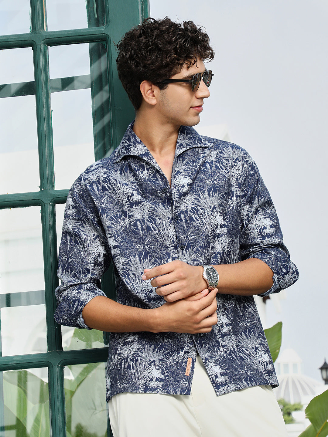 Navy Botanical Print Cotton Blend Shirt