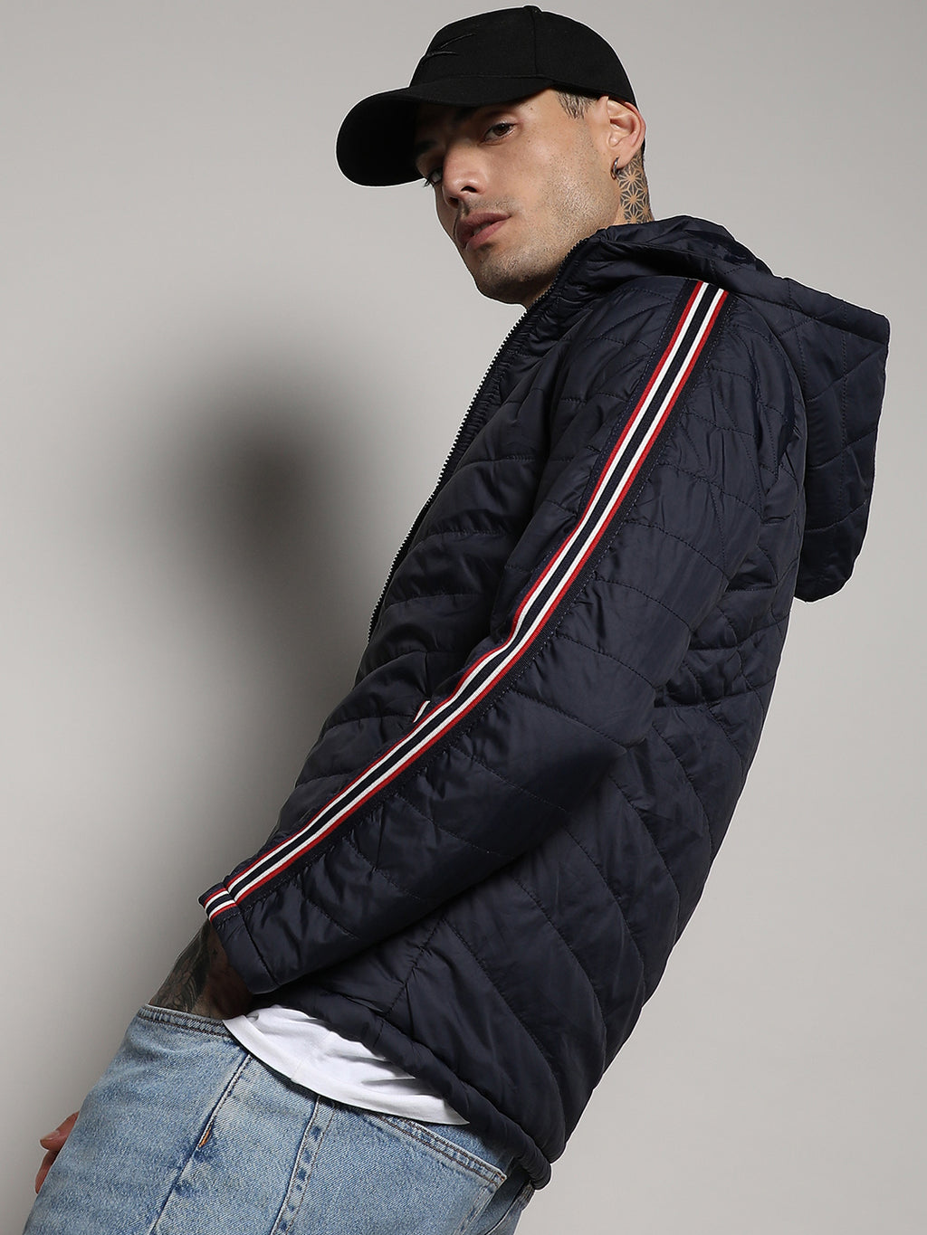 Quilted Puffer Jacket With Contrast Striped Sleeve