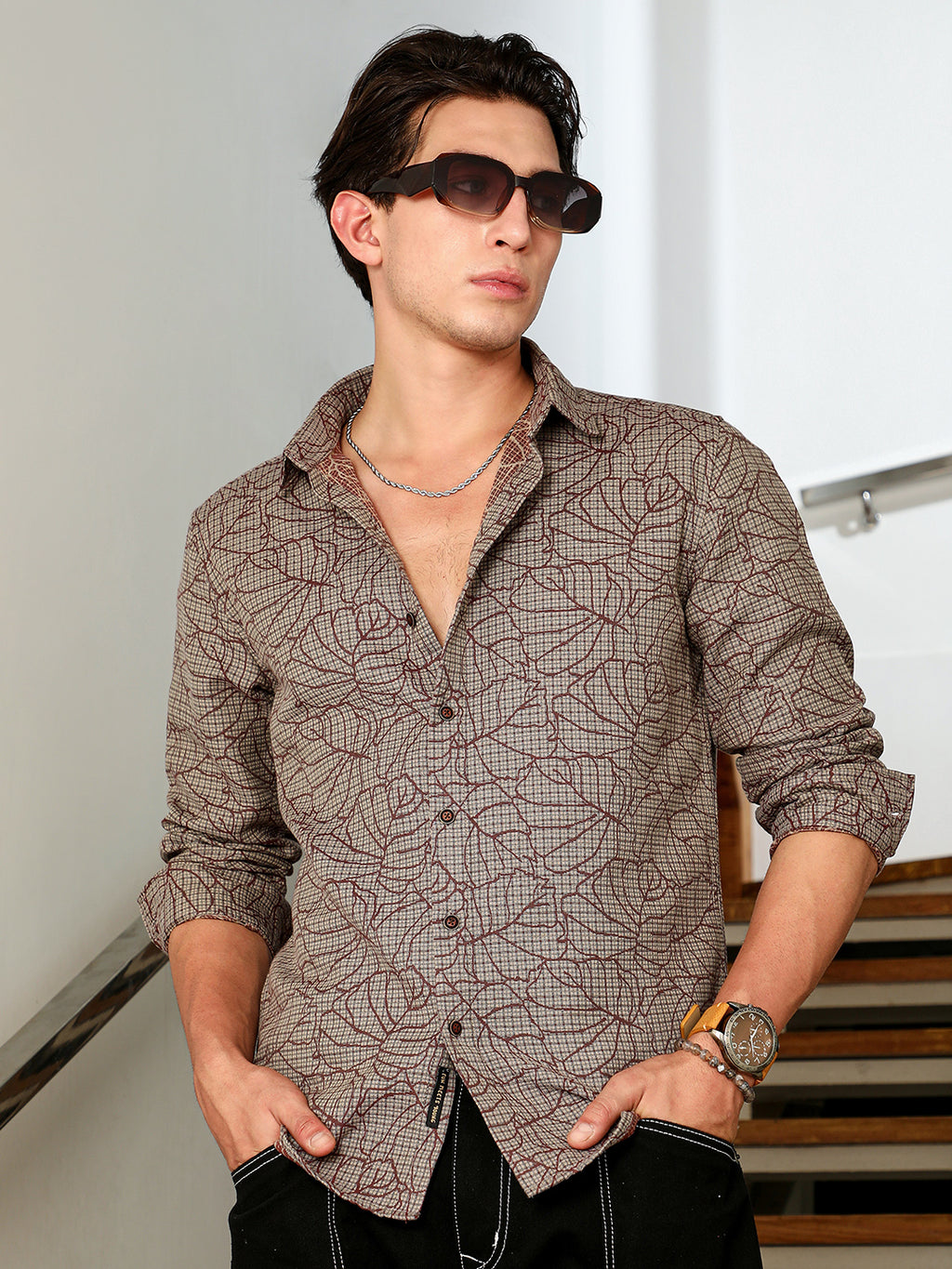 Slim Fit Abstract Patterned Cotton-Poly Blend Shirt