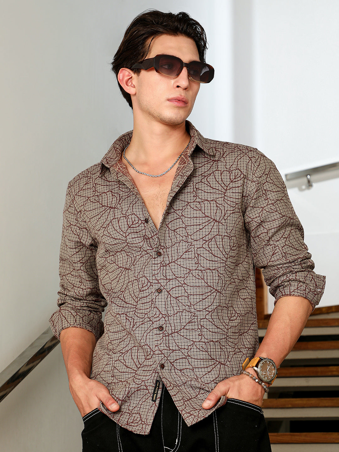 Slim Fit Abstract Patterned Cotton-Poly Blend Shirt