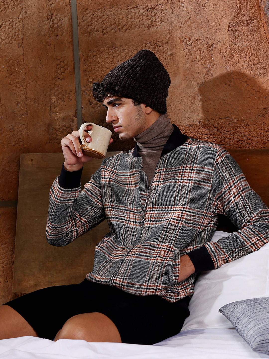 Tartan Plaid Jacket With Ribbed Hem