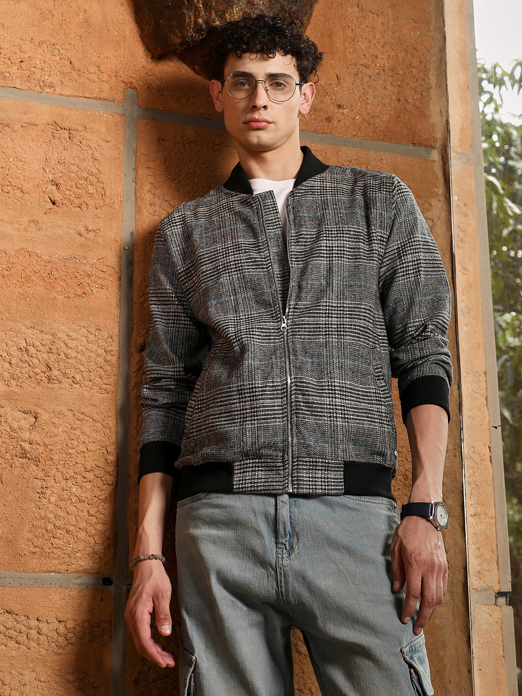 Tartan Plaid Jacket With Ribbed Hem