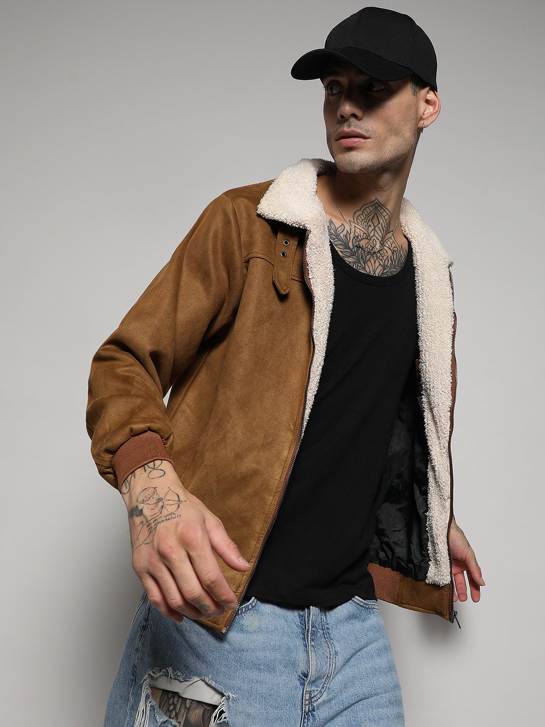 Fur-Lined Suede Bomber Jacket XL