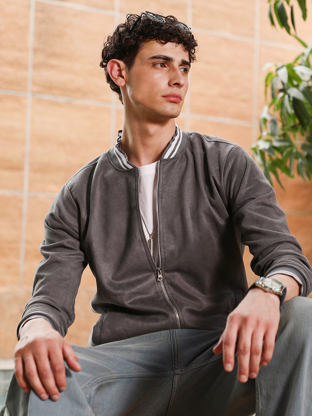 ₹1,599 | Campus Sutra men's Moon Grey Zip-Front Baseball Jacket