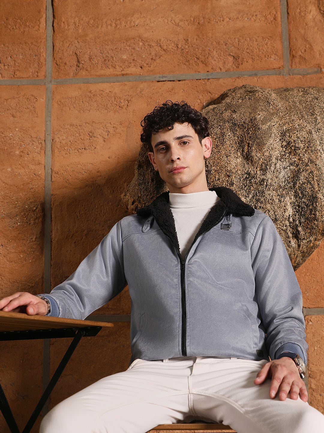 Fur-Lined Suede Bomber Jacket