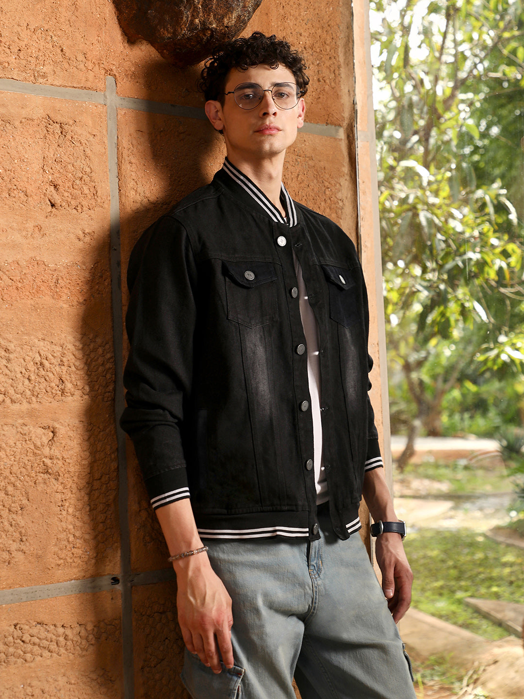 Dark-Wash Denim Bomber Jacket