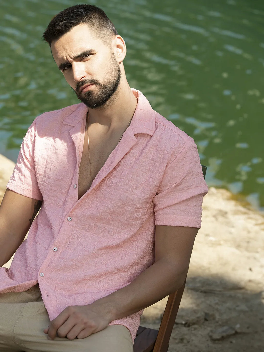 ₹899 | Campus Sutra men's Baby Pink Box-Creased Shirt - Campussutra ₹899 | Campus Sutra men's Baby Pink Box-Creased Shirt - Campussutra