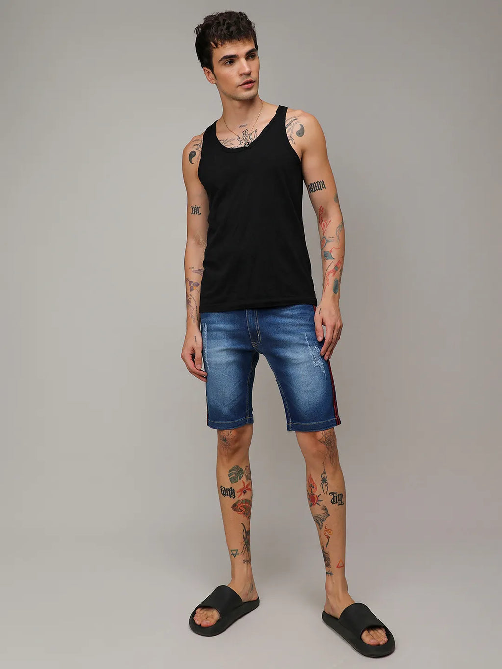 Pencil Side-Striped Denim Shorts