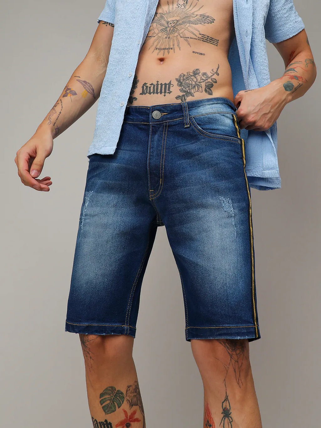 Pencil Side-Striped Denim Shorts