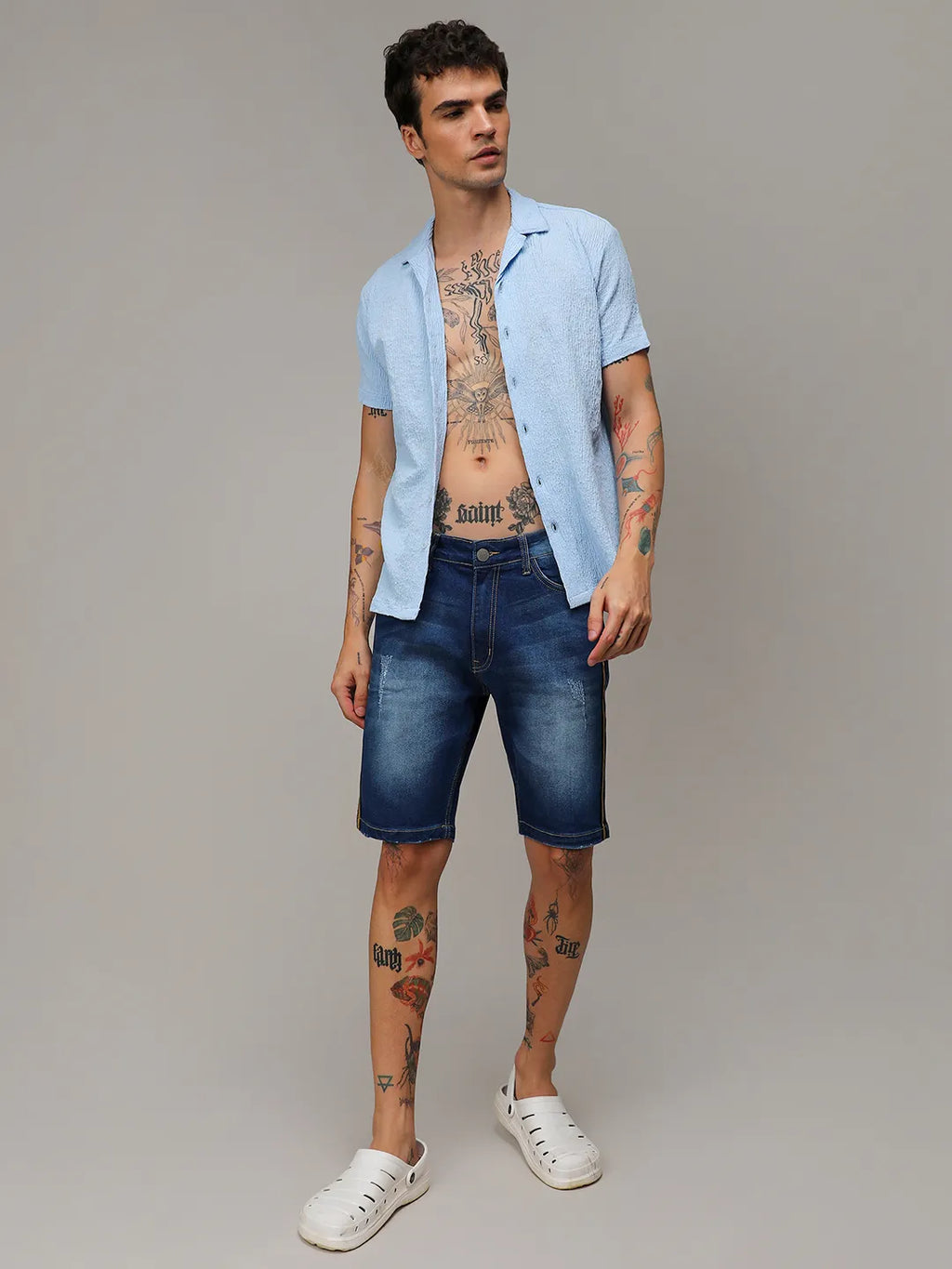 Pencil Side-Striped Denim Shorts