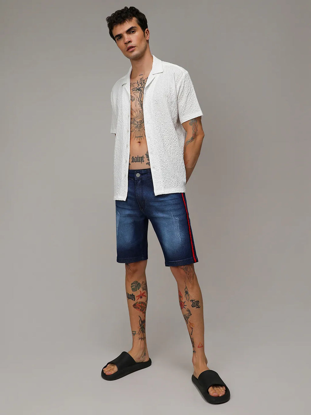 Side-Striped Denim Shorts