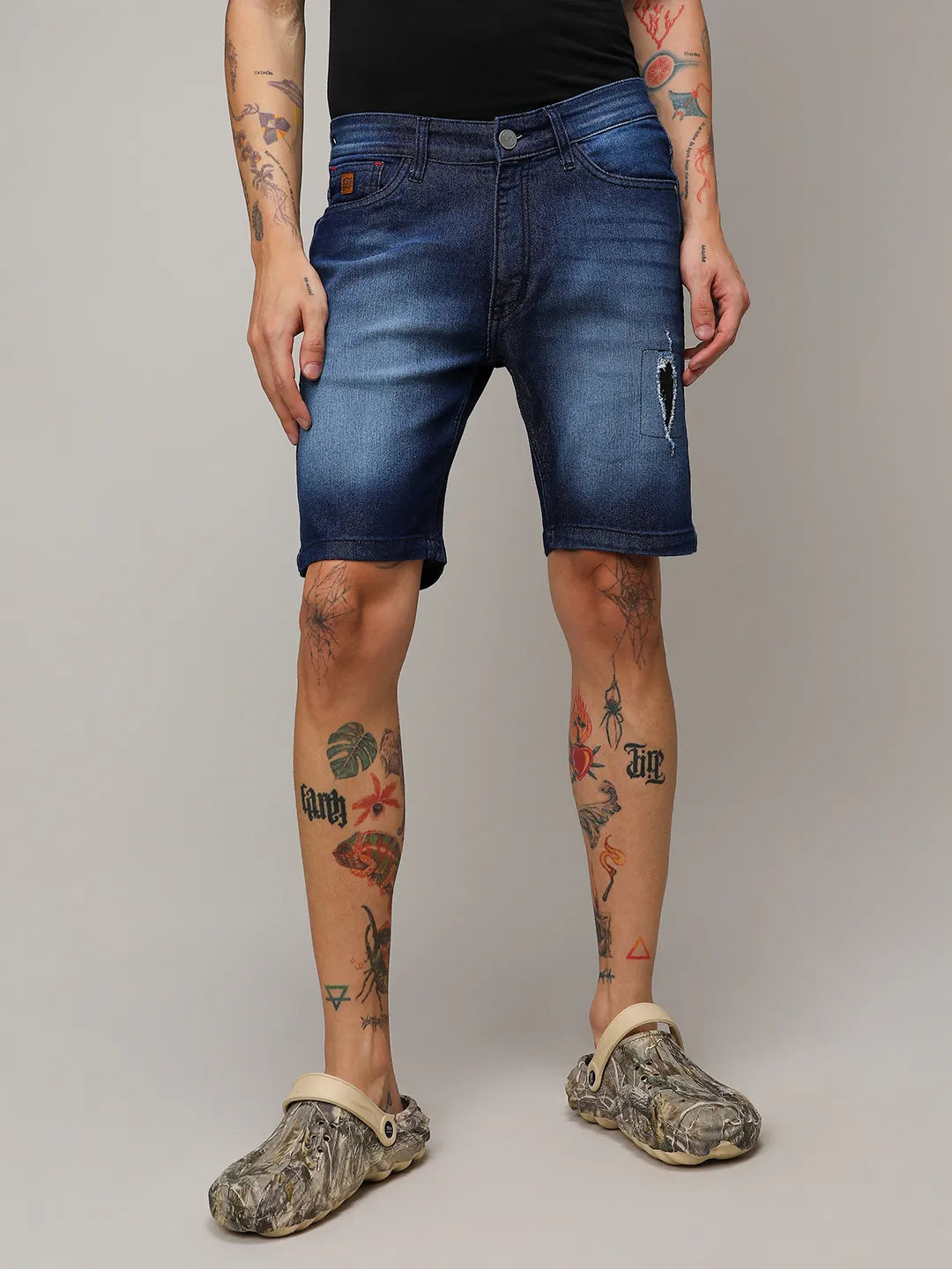 Side Distressed Denim Shorts