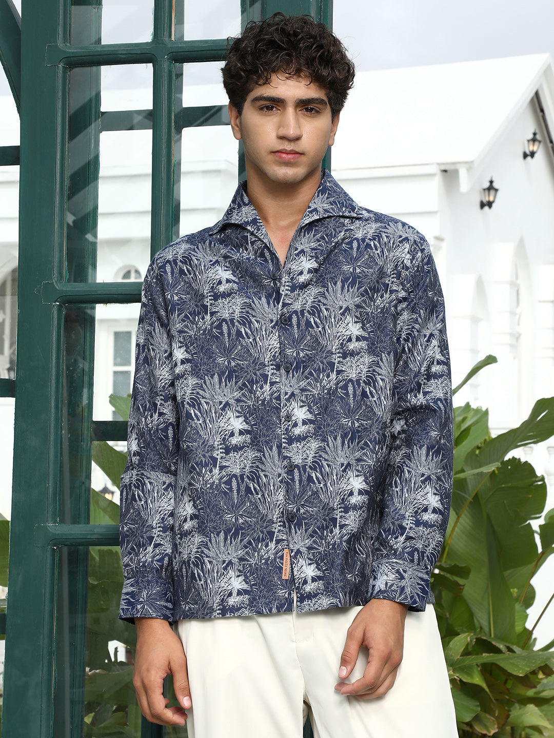 Navy Botanical Print Cotton Blend Shirt