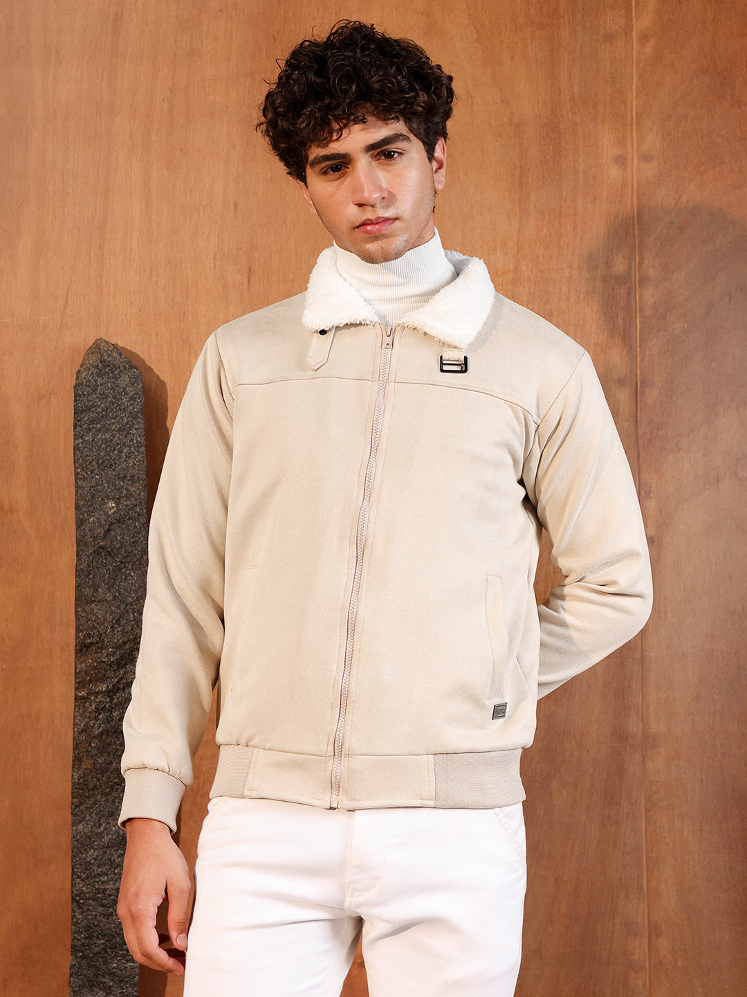 Fur-Lined Suede Bomber Jacket