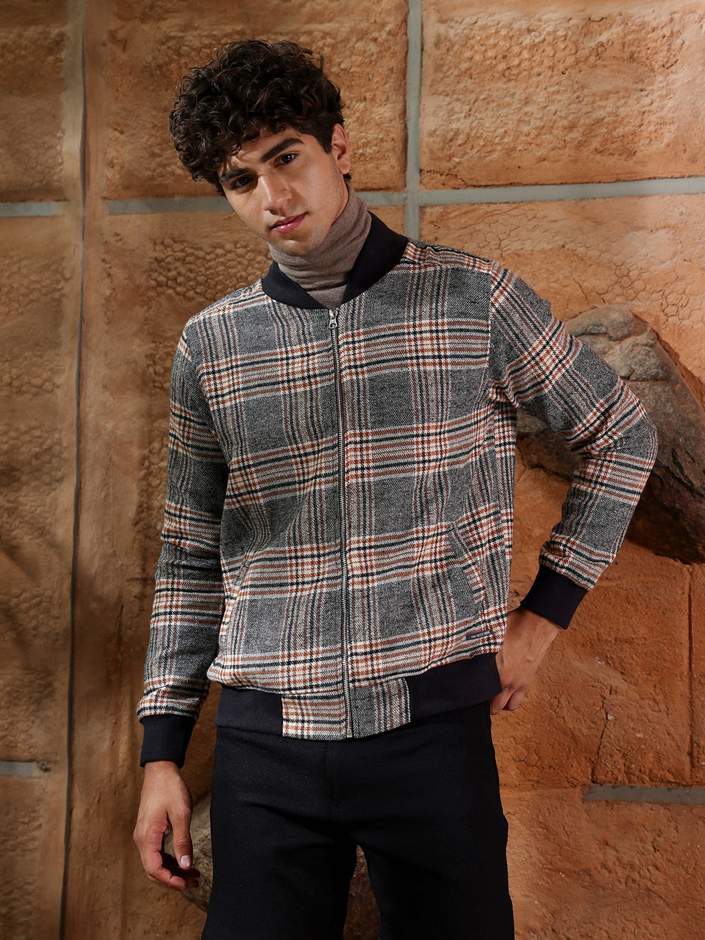 Tartan Plaid Jacket With Ribbed Hem