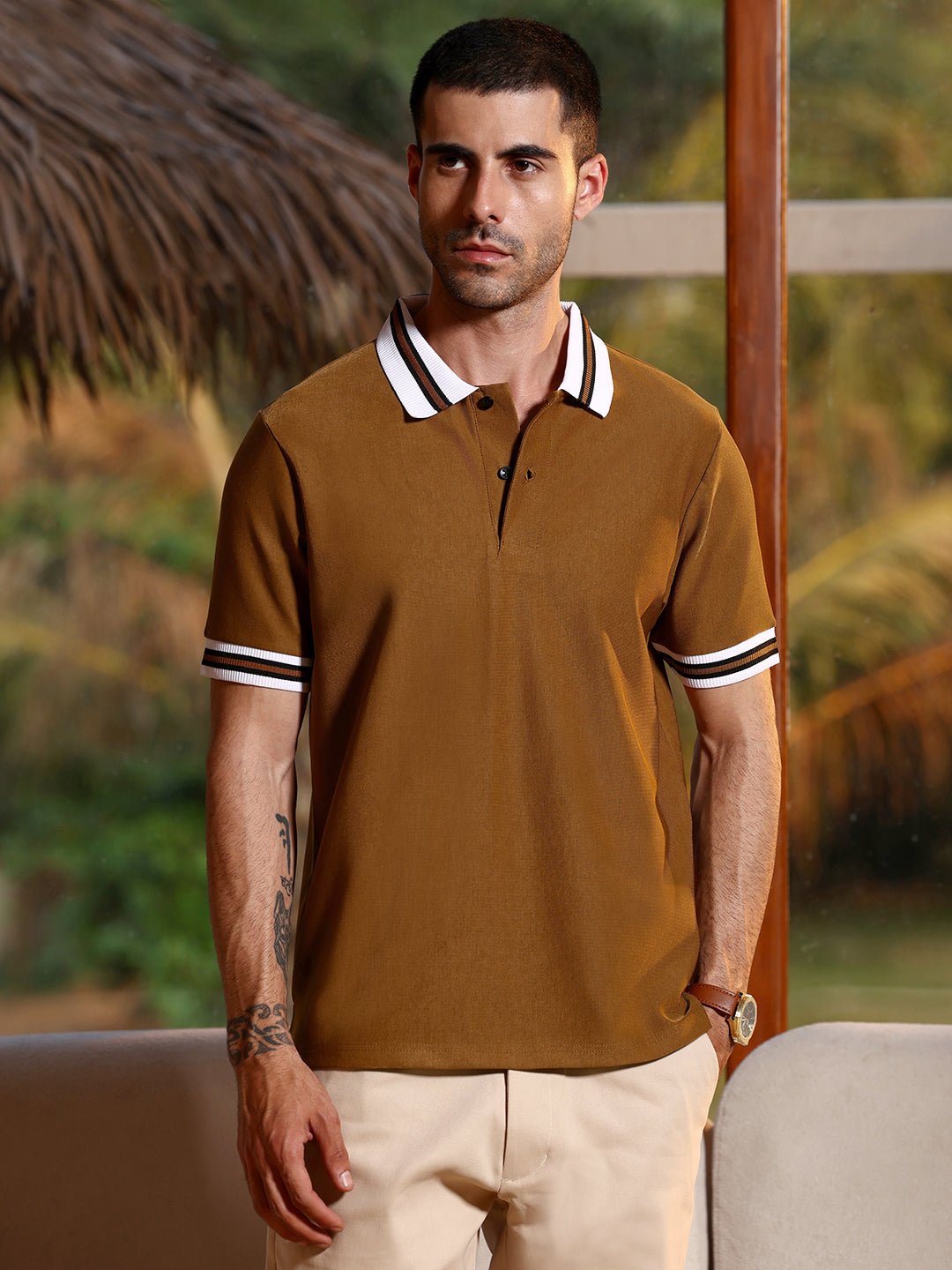 Mustard Brown Tipped Collar Polo T-Shirt
