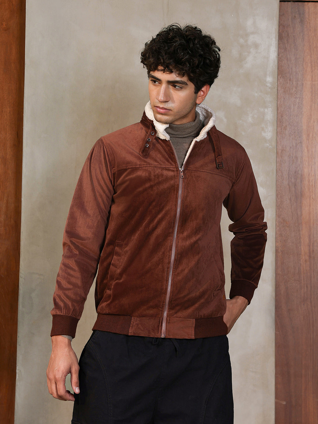 Fur-Lined Suede Bomber Jacket